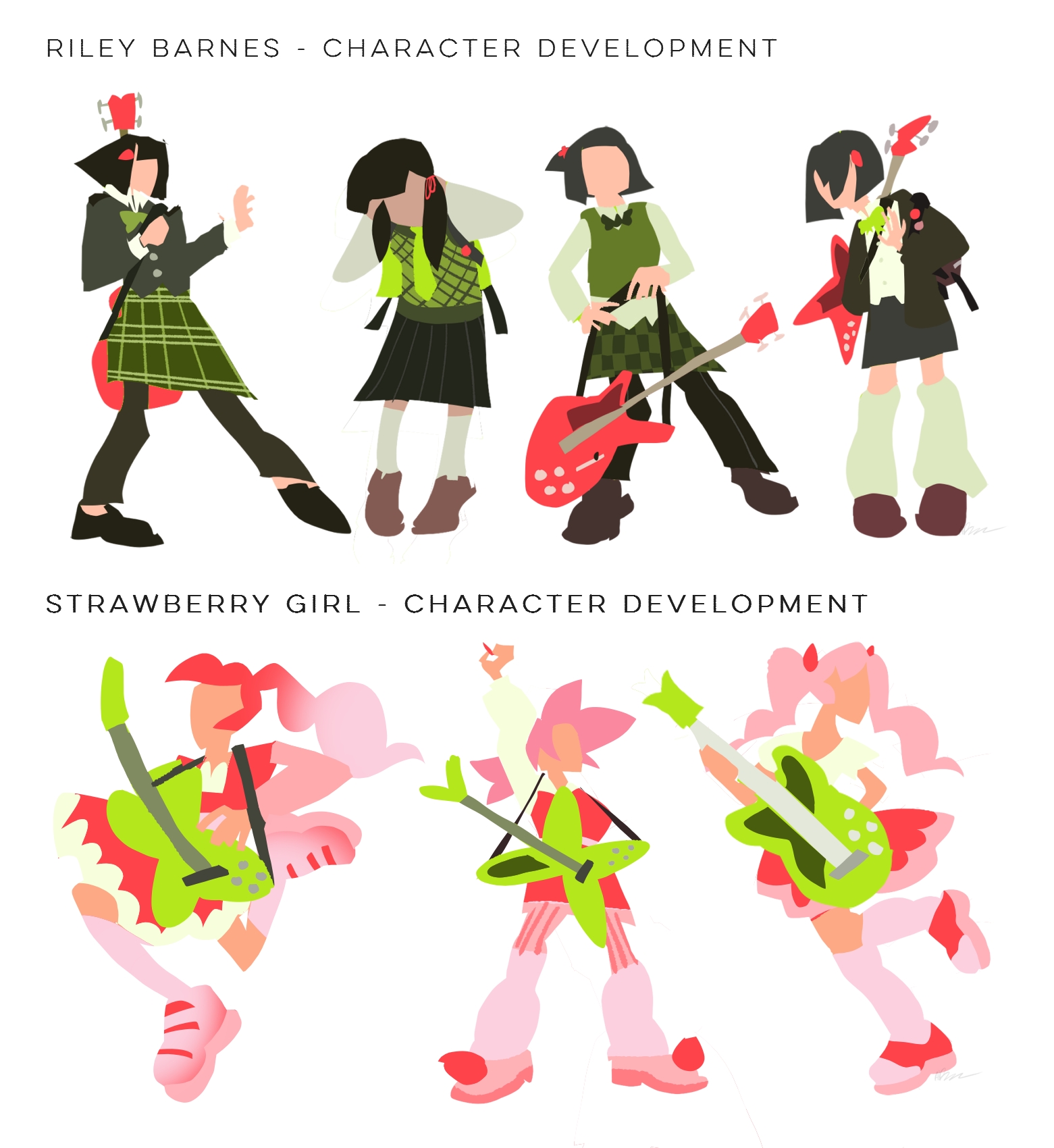 Initial character developemnt for Riley Barnes and Strawberrty Girl.